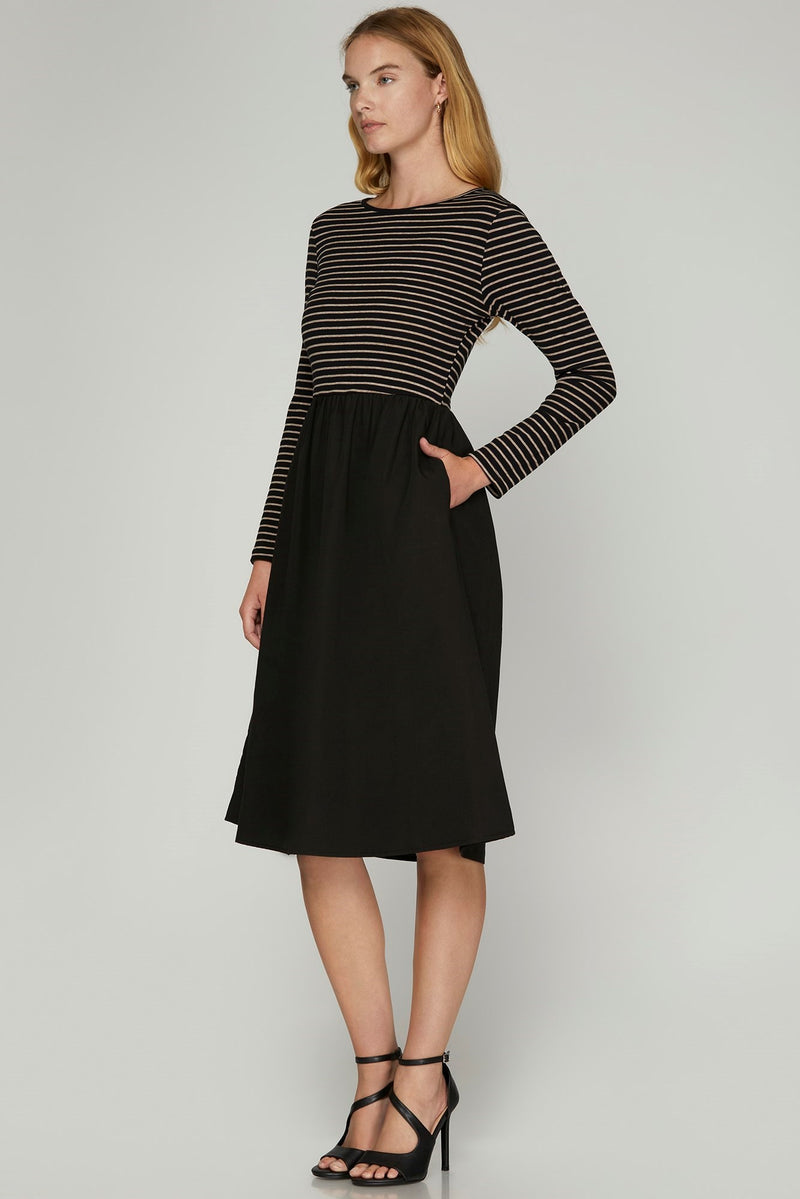 Striped Knit Top & Woven Skirt Combo Dress