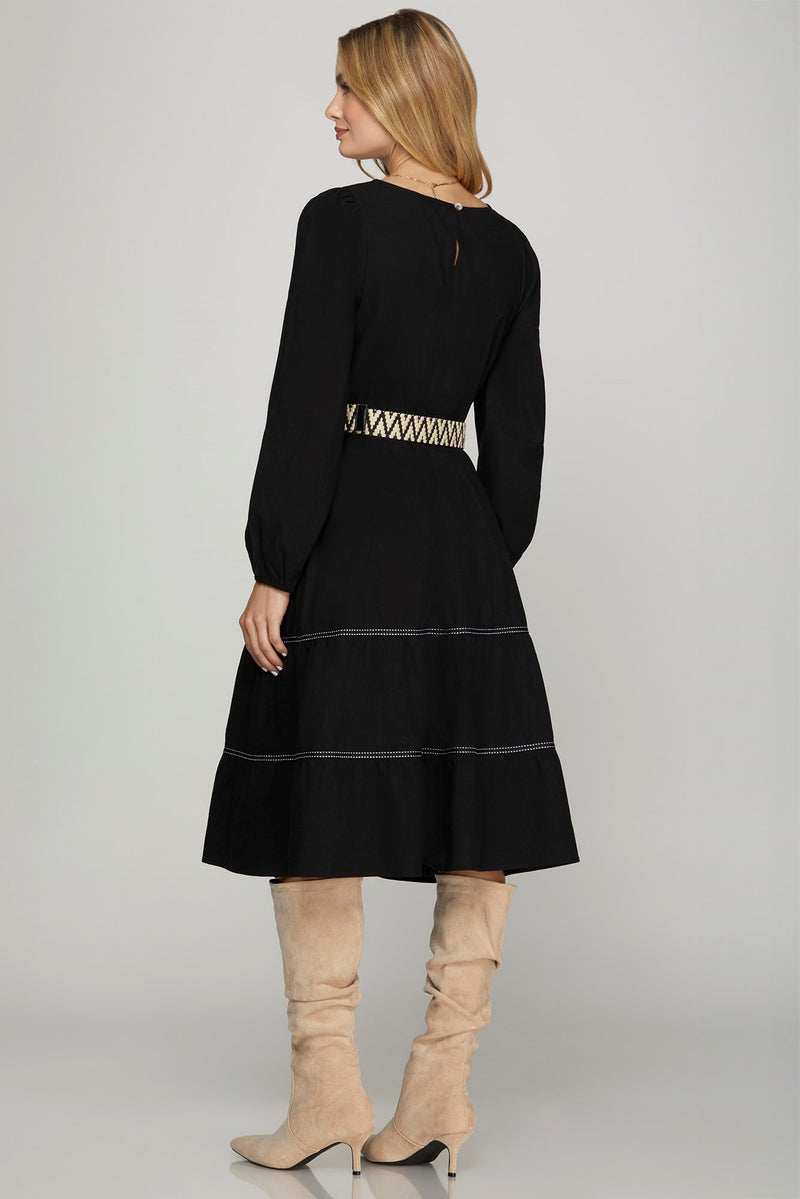 Tiered Long Sleeve Dress W/ Belt