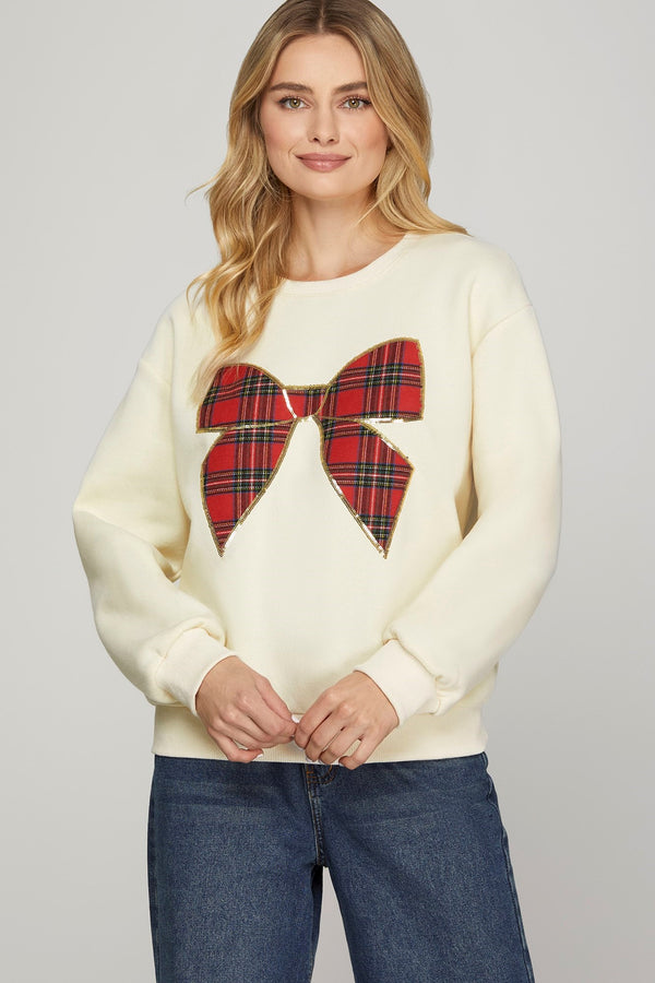 Plaid Bow Detail Knit Sweater