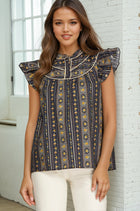 Ruffle Sleeve Placket Print Top