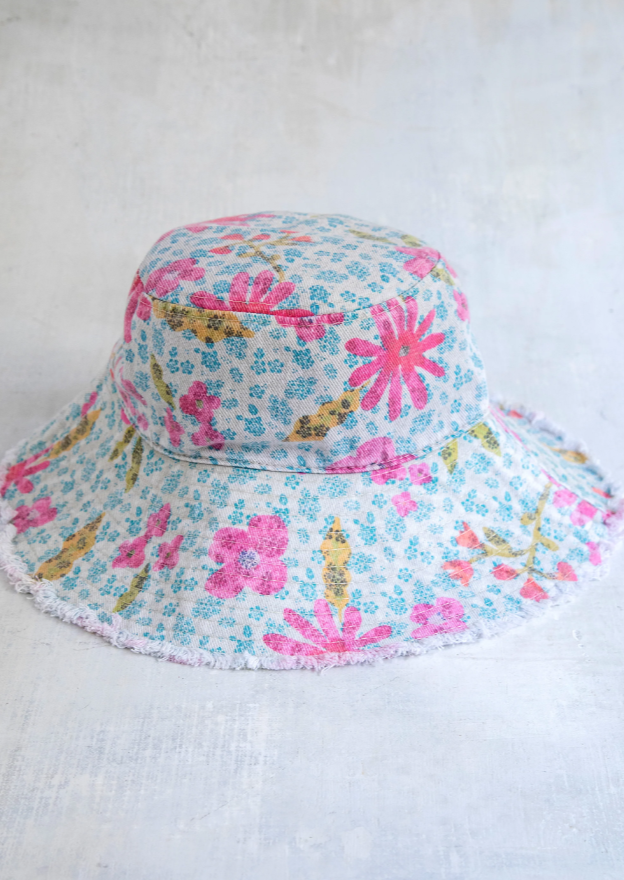 Canvas Bucket Hat - Blue Pink Daisies