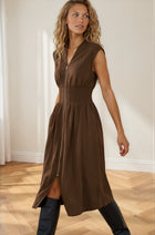 Suede Zip Front Midi Dress - Brown