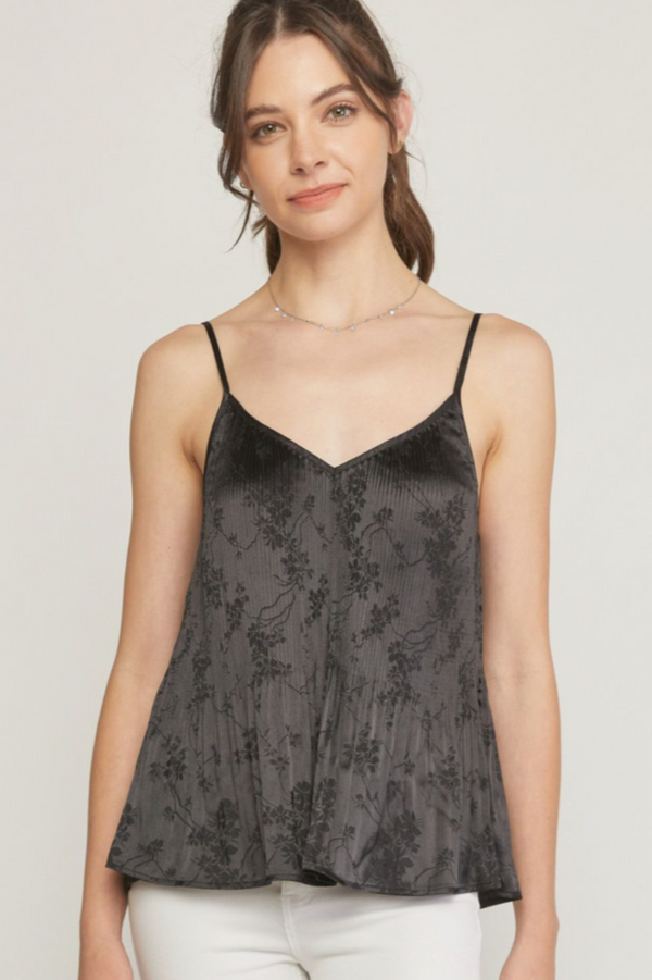 Floral Jacquard Satin Tank - Black