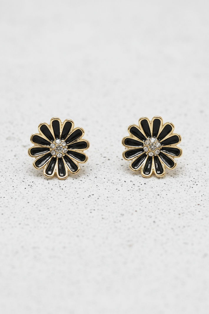 Crystal & Flower Earring - Black