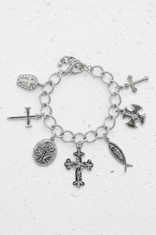 Cross Multi Charm Bracelet - Silver