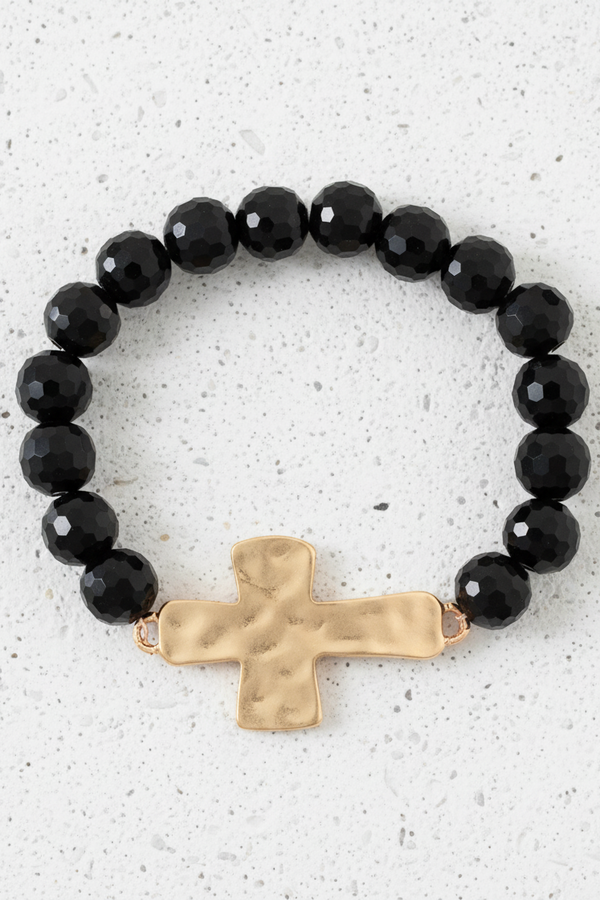 Hammered Cross Glass Bead - Black/Gold