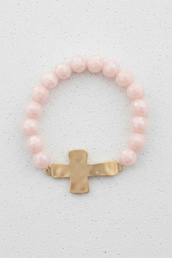 Hammered Cross Glass Bead - Ivory/Gold