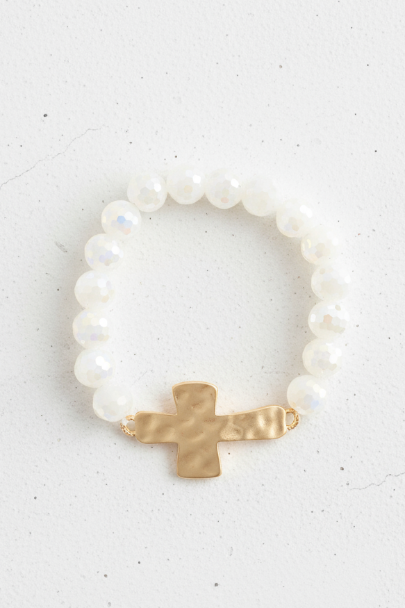 Hammered Cross Glass Bead - White/Gold