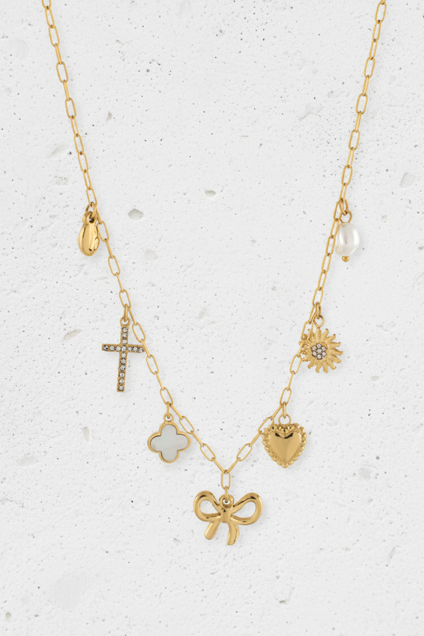 Gold/Cream Cross & Multi Charm Necklace