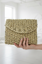 Woven Straw Envelope Clutch with Gold