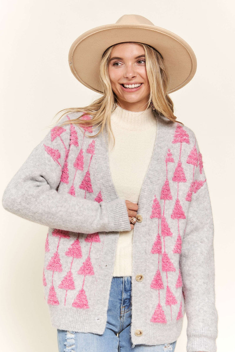 Tree Detail Button Down Cardigan - Pink