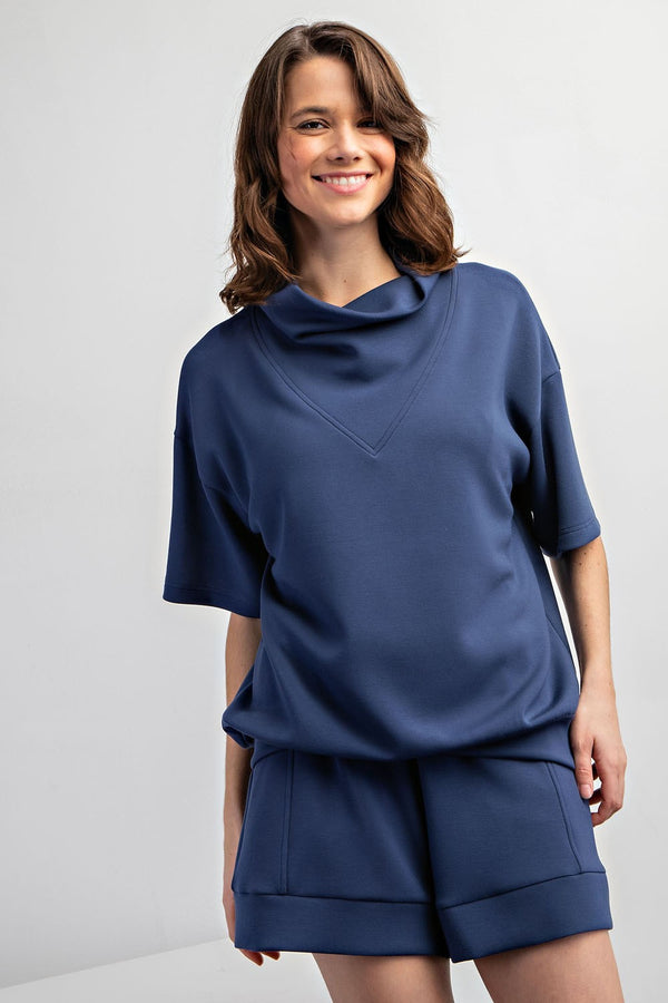 Cowl Neck Scuba Top - Smoky Navy