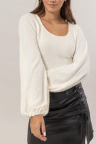 Scoop Neck Fuzzy Knit Top - Off White