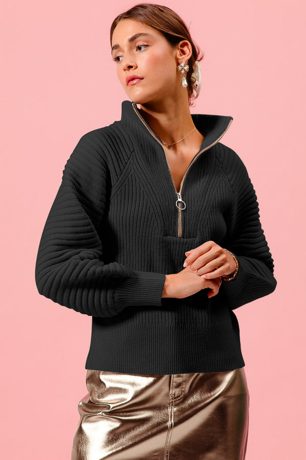 Half Zip Ribbed Sweater - Black