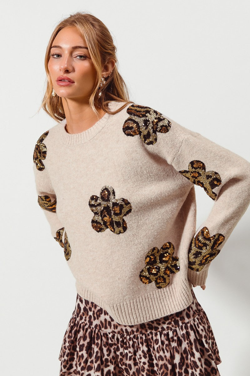 Leopard Sequin Flower Patch Sweater