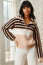 Stripe Sequin Ribbed Quarter Zip Sweater