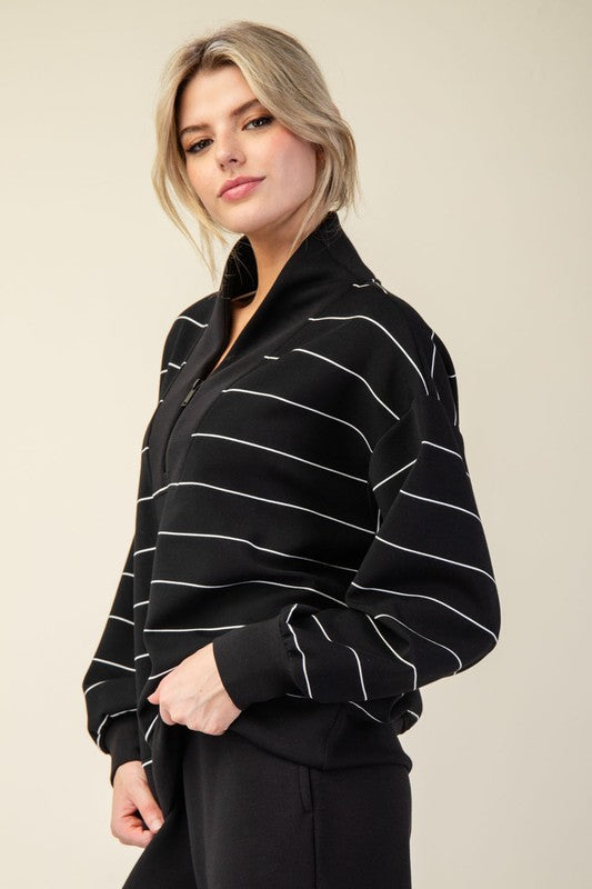 Luxe Scuba Striped Half Zip Jacket - Black