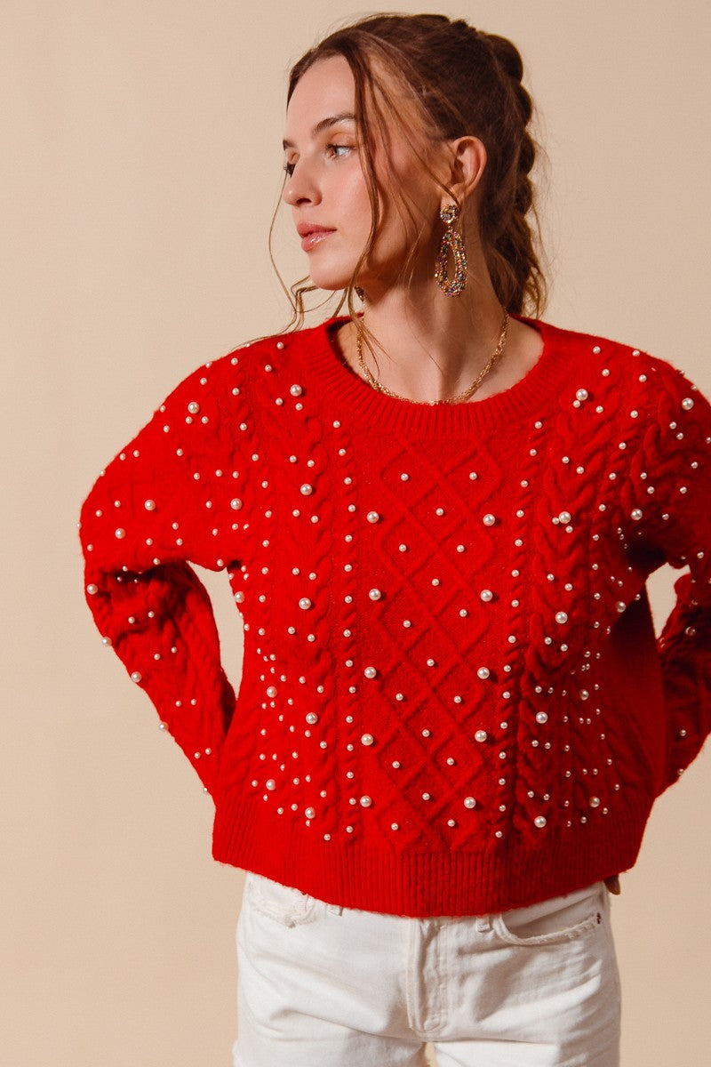 Pearl Embellished Sweater - Red