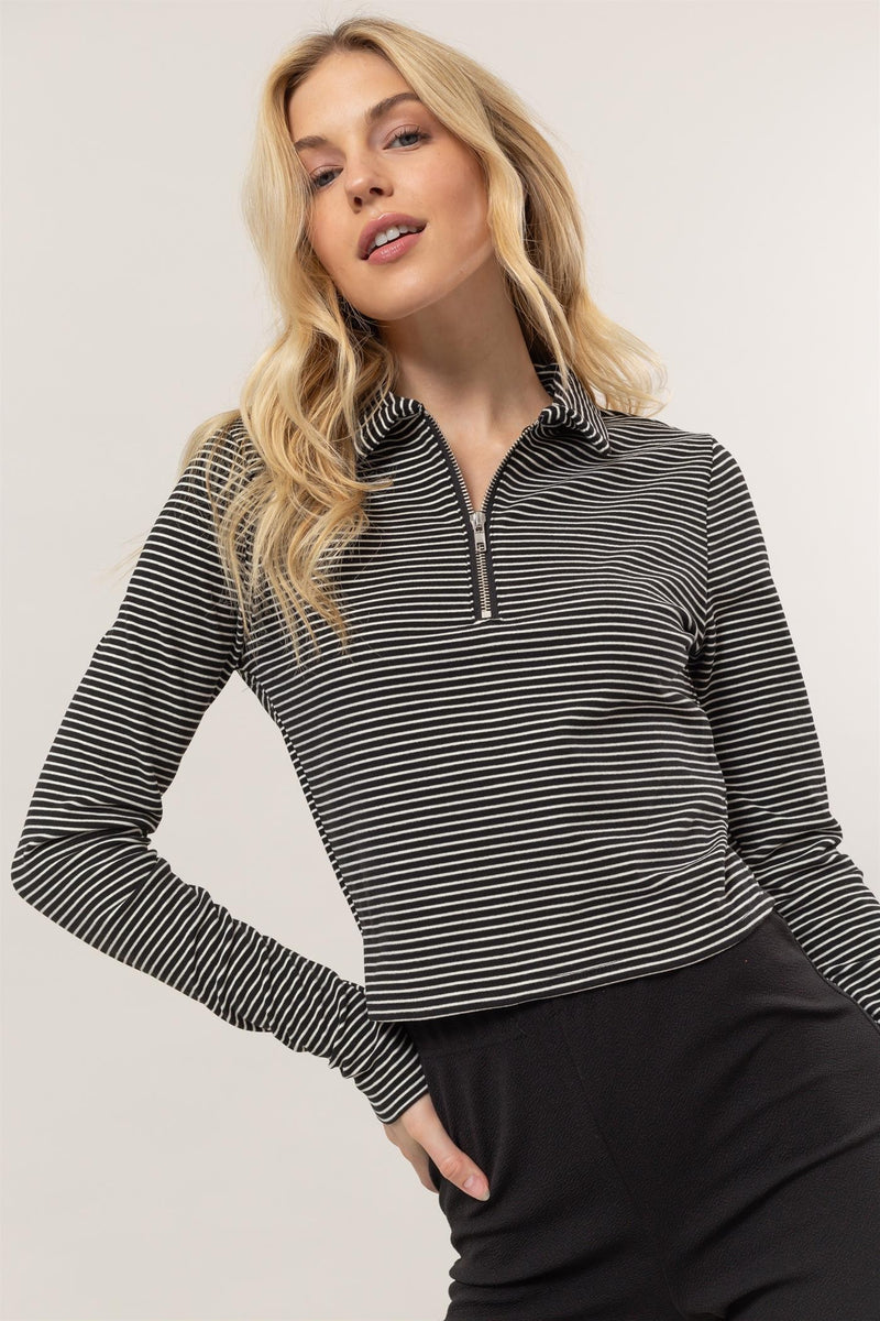 Striped Half-Zip Top - Black