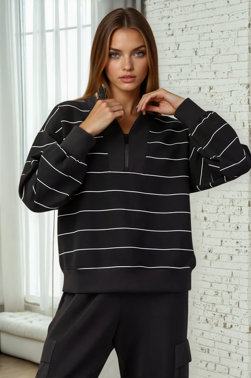 Luxe Scuba Striped Half Zip Jacket - Black/White