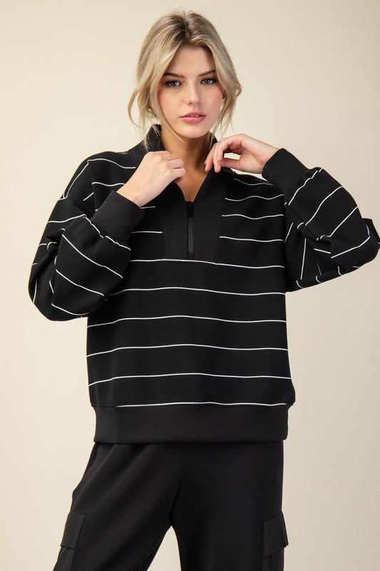 Luxe Scuba Striped Half Zip Jacket - Black