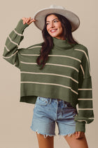 Loose Stripe Turtleneck Sweater - Olive