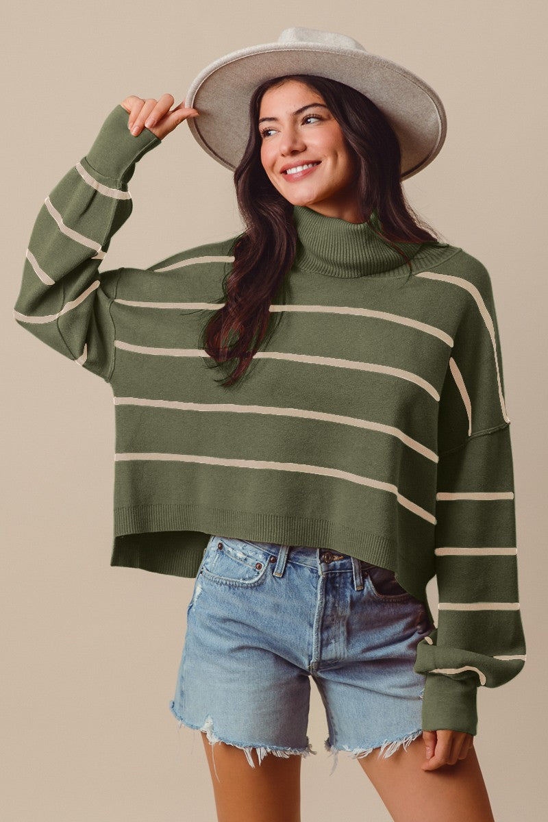 Loose Stripe Turtleneck Sweater - Olive