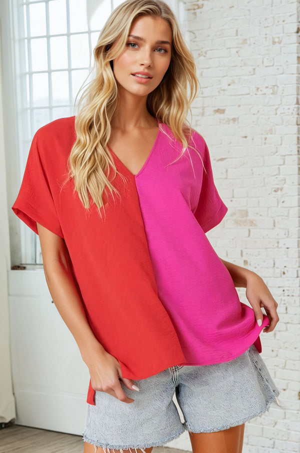 Loose Colorblock Top - Red/Pink