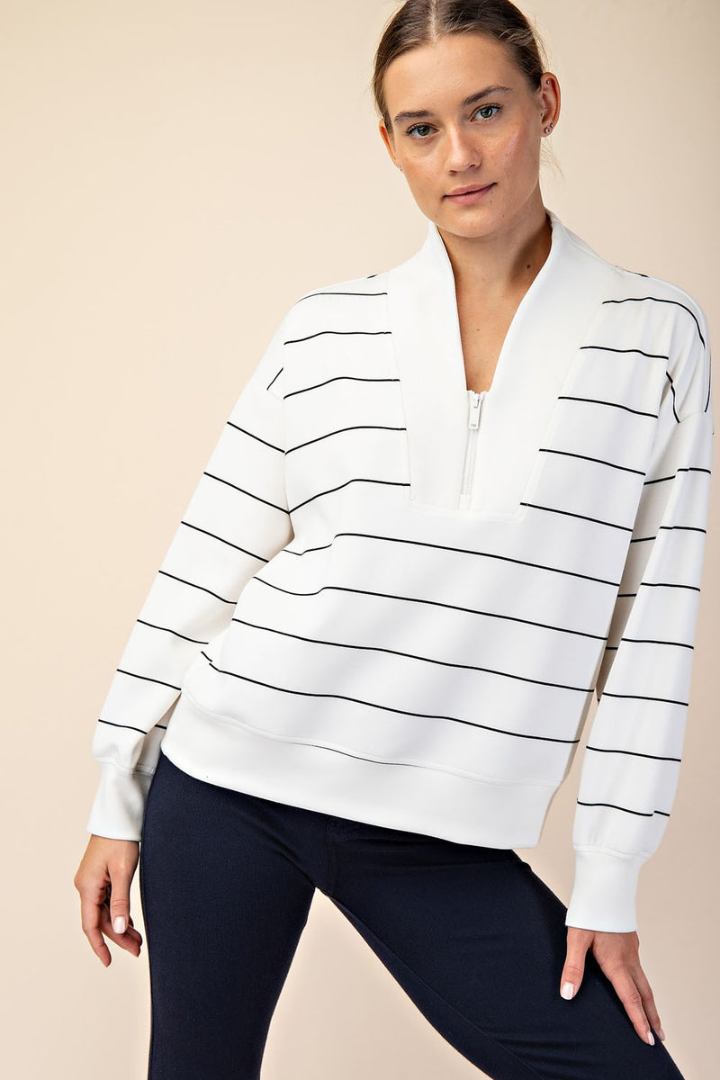 Luxe Scuba Striped Half Zip Jacket - Cream