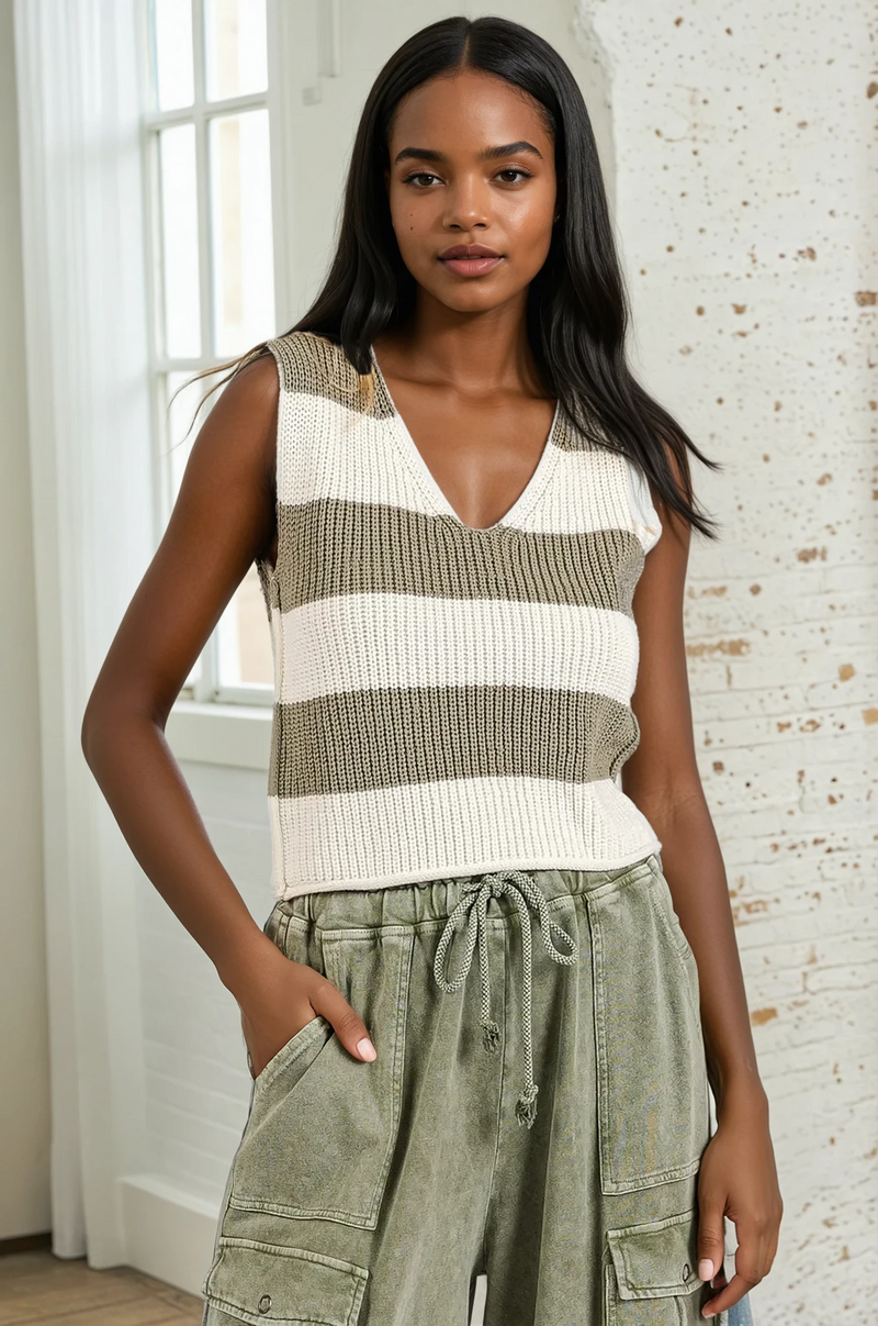 Striped Sweater Vest - Olive