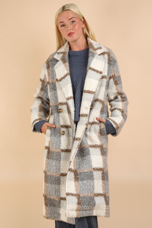 Long Fuzzy Plaid Coat