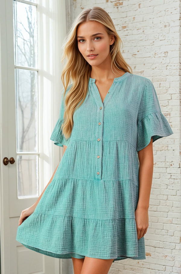 Mineral Washed Crinkle Gauze Dress - Jade