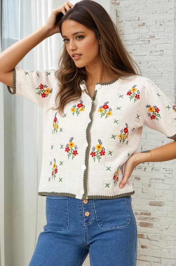 Floral Embroidered Short Sleeve Cardigan