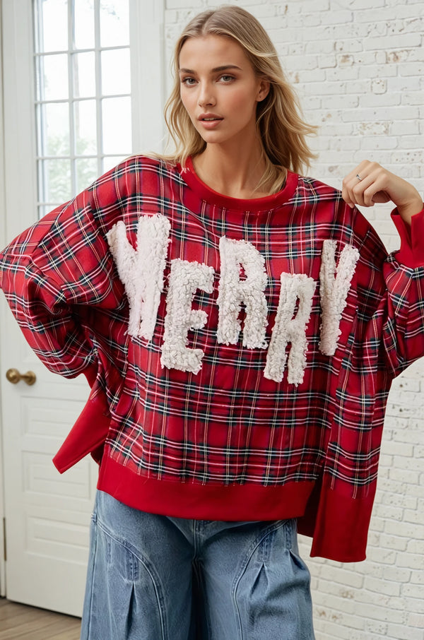 Fuzzy Letter Plaid Merry Sweatshirt