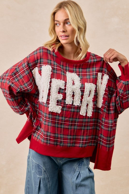 Fuzzy Letter Plaid Merry Sweatshirt