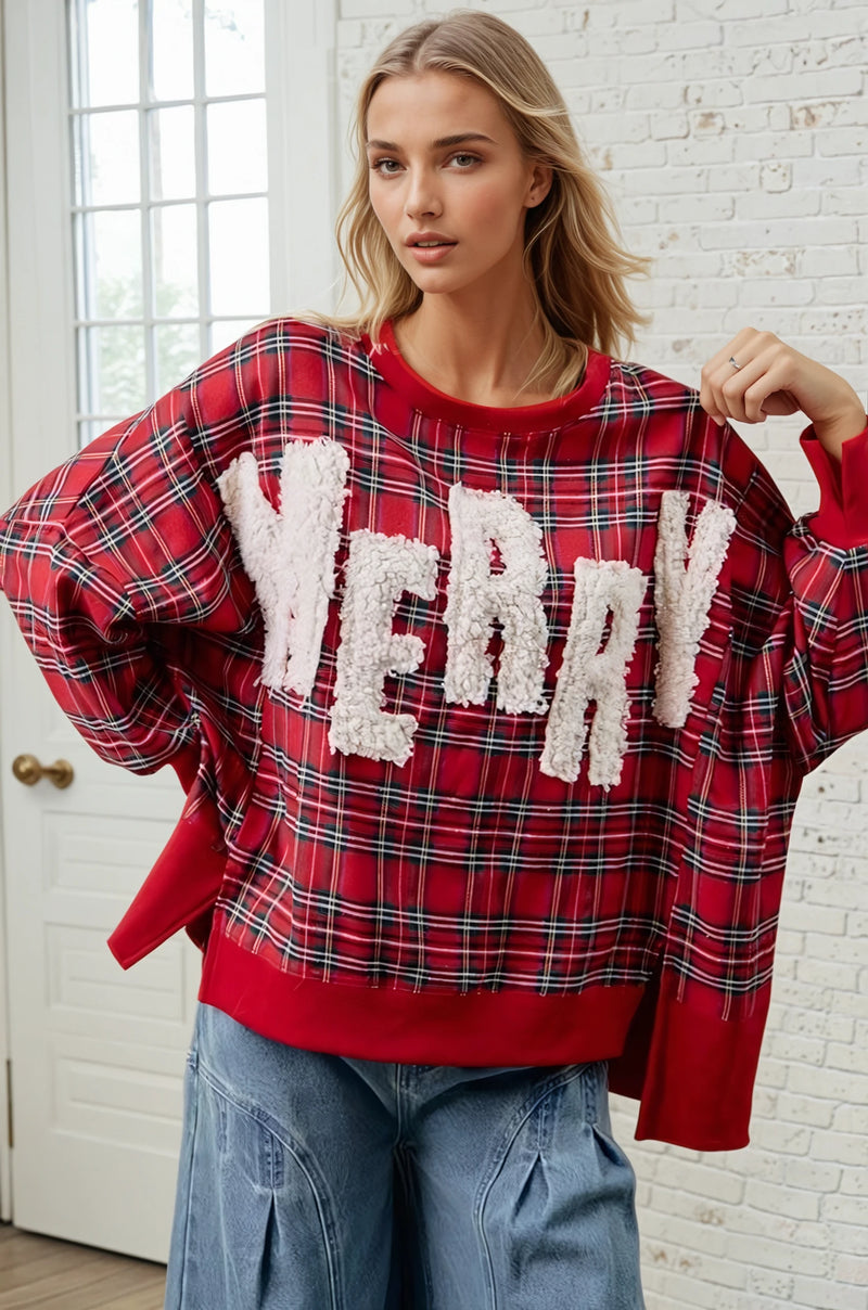 Fuzzy Letter Plaid Merry Sweatshirt