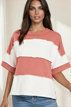 French Terry Exposed Seam Striped Top - Light Mahogany