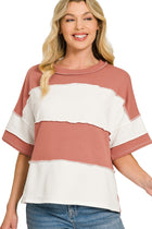 French Terry Exposed Seam Striped Top - Light Mahogany