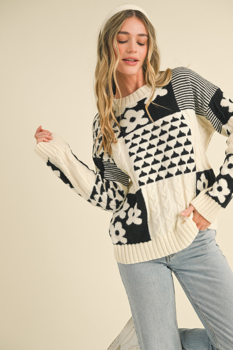 Mixed Knit Patchwork Sweater - Black