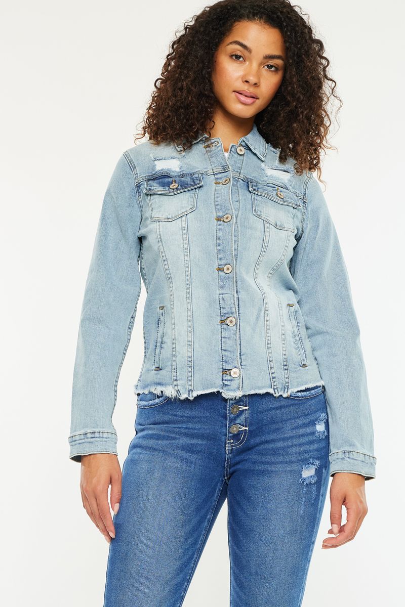 Frayed Hem Denim Jacket - Distressed