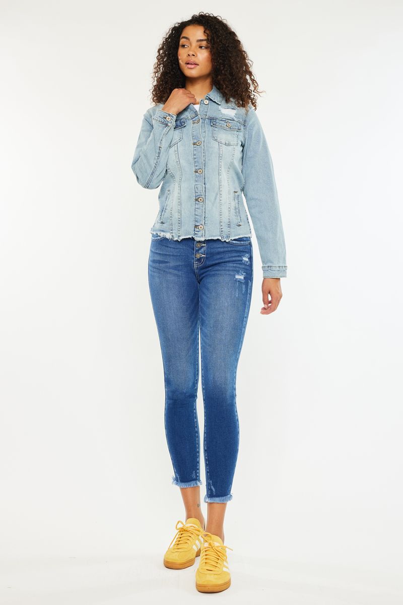 Frayed Hem Denim Jacket - Distressed