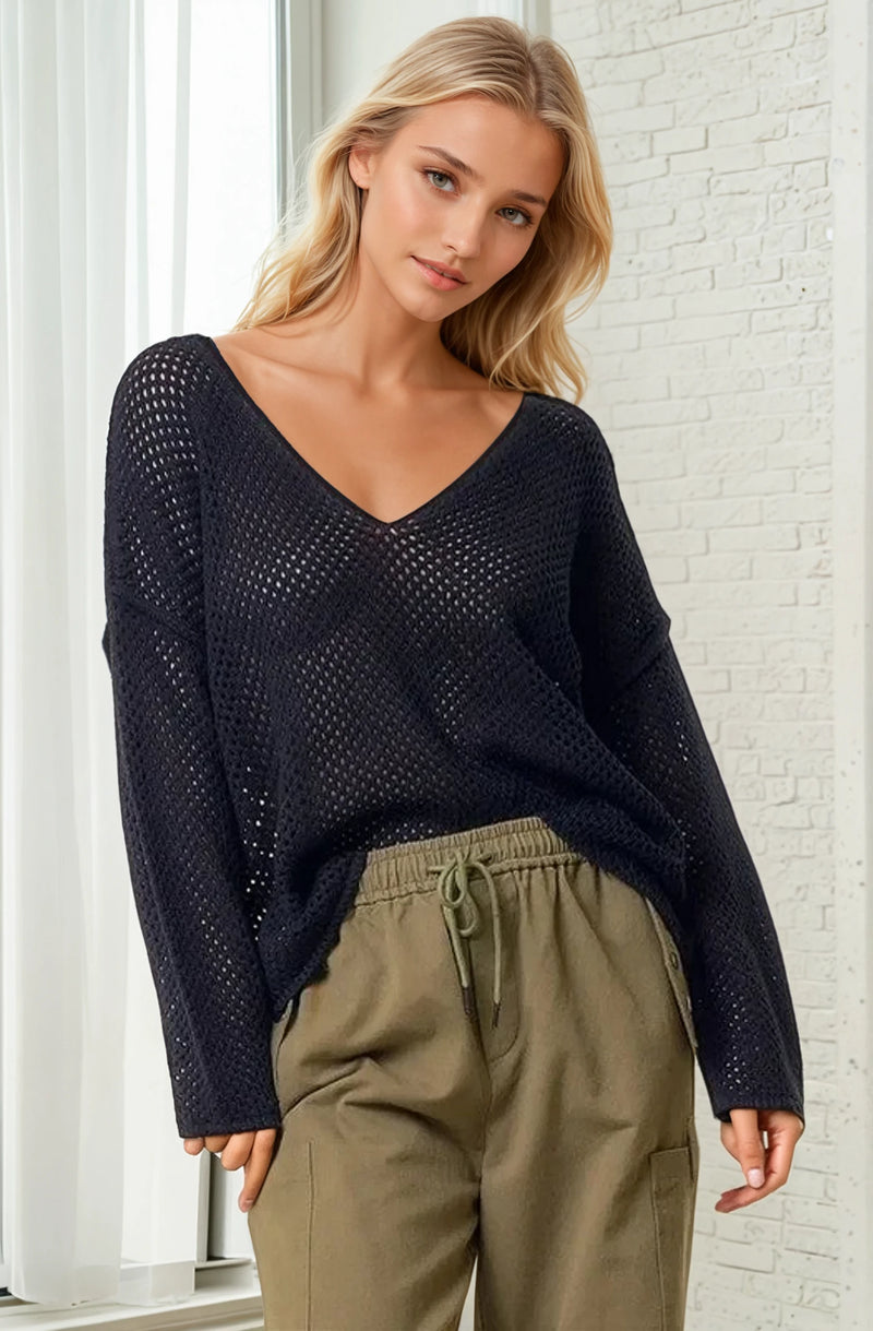 Fishnet Sweater Top - Black