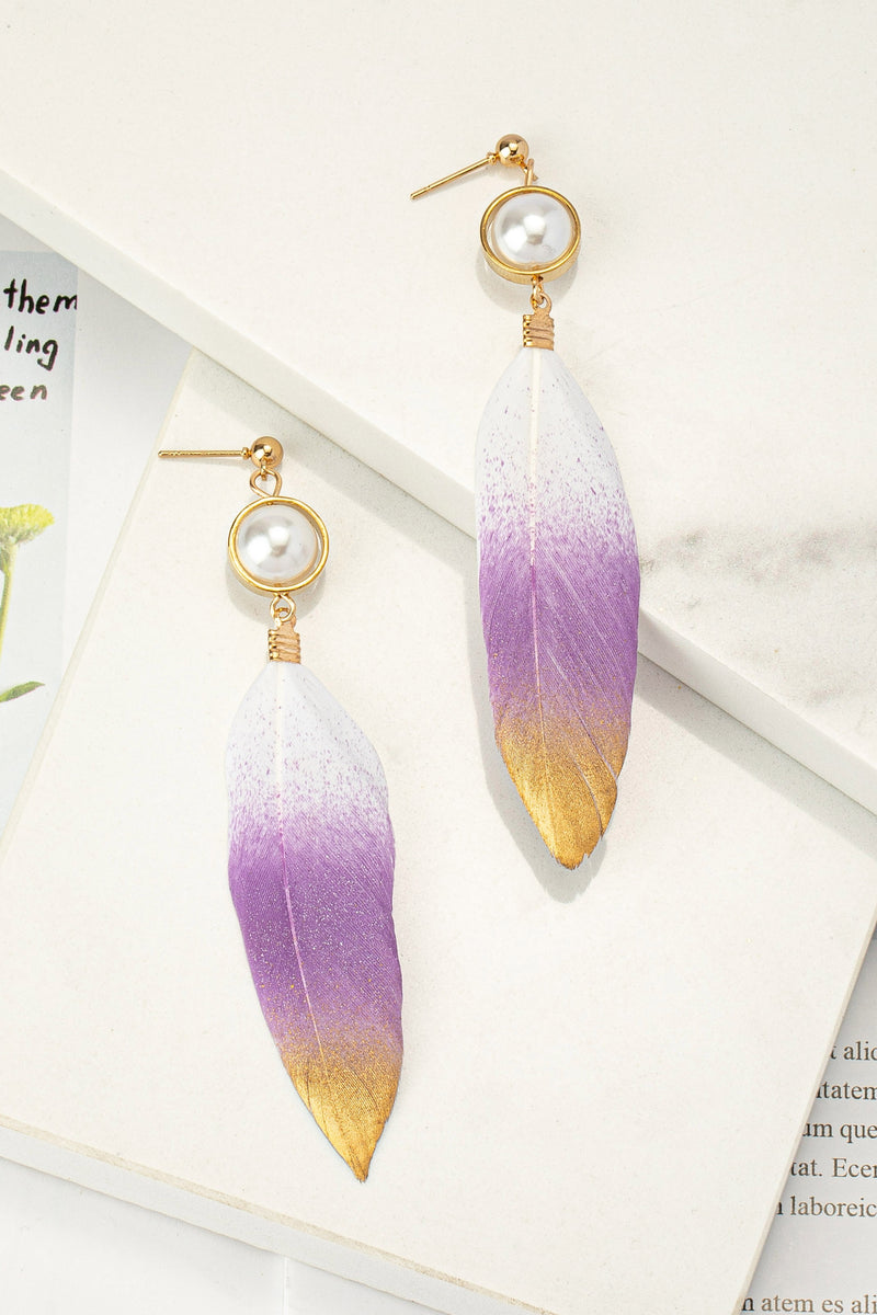 Gold Dipped Feather and Pearl Earrings