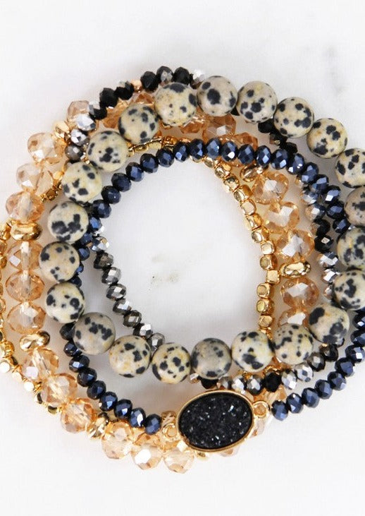 Dalmation Stone & Crystal Bracelet Set