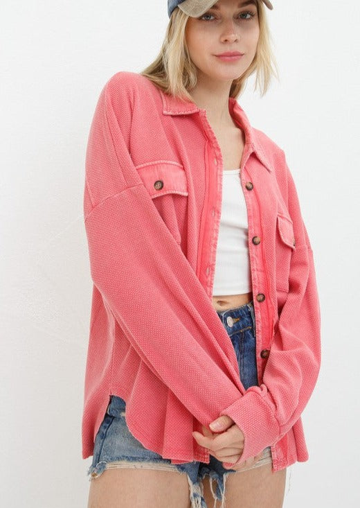 Textured Knit Shacket - Lipstick Rouge