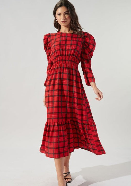 Plaid Puff Sleeve Midi Dress