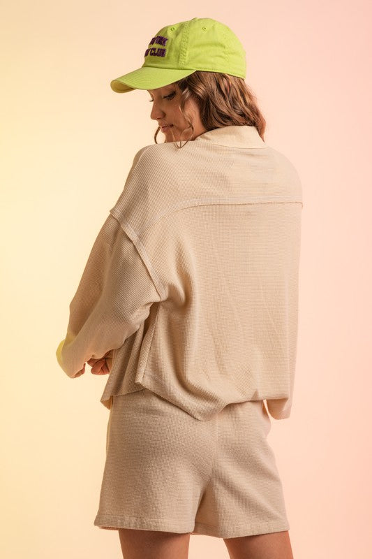 Waffle Knit Cropped Shacket - Cream