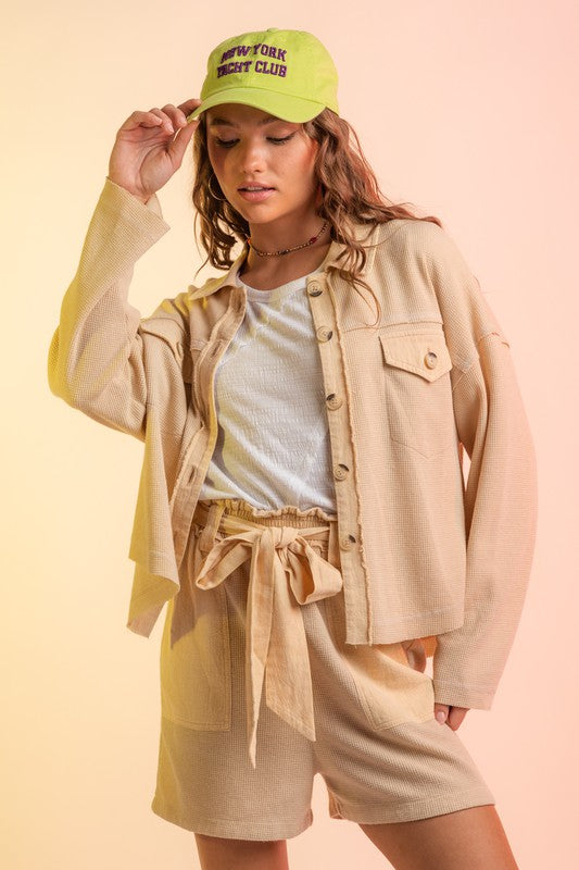 Waffle Knit Cropped Shacket - Cream