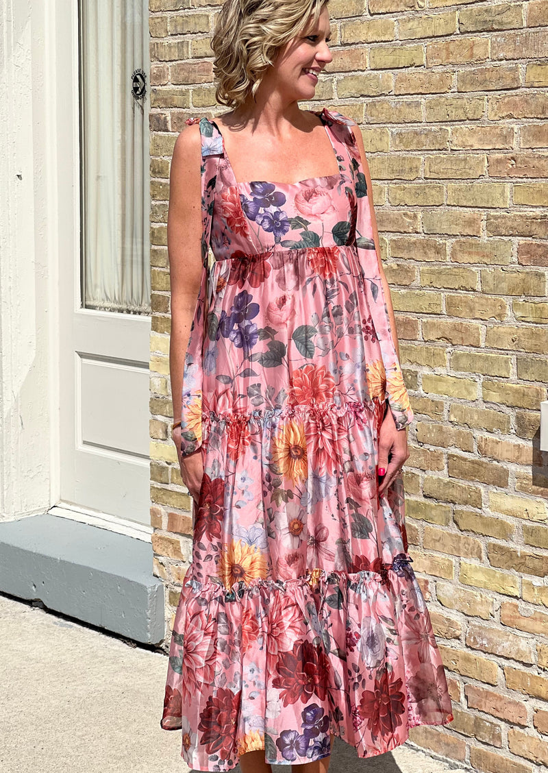 Shoulder Ribbon Print Maxi