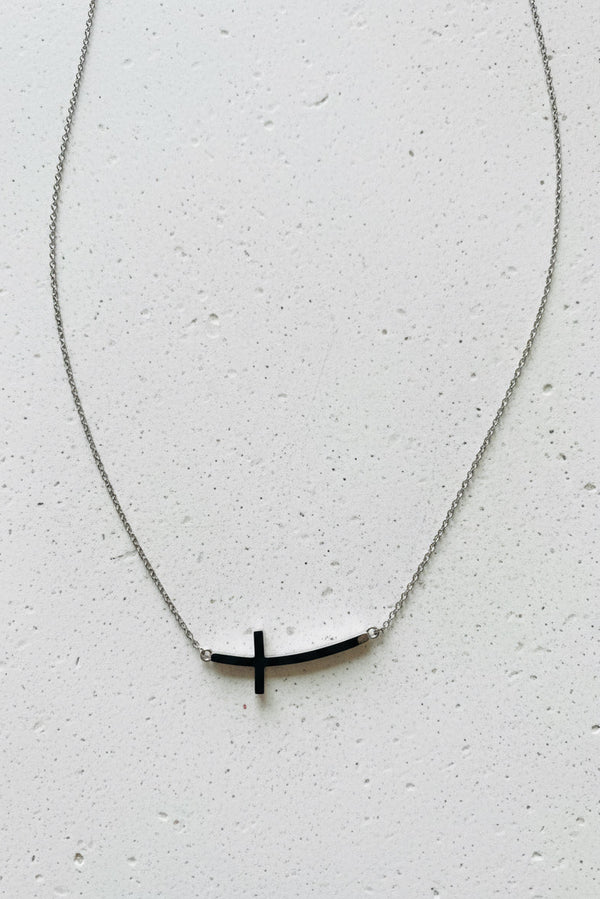Curved Cross Necklace - Silver